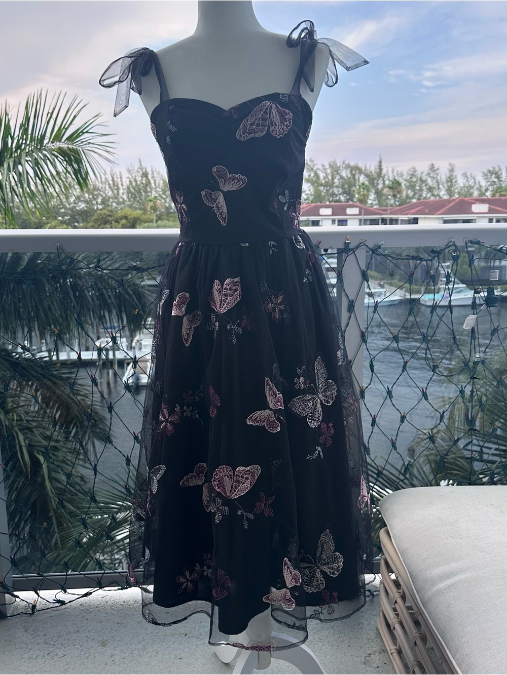 Black Butterfly Embroidered Tulle Midi Dress Size Small Fairycore Coquette